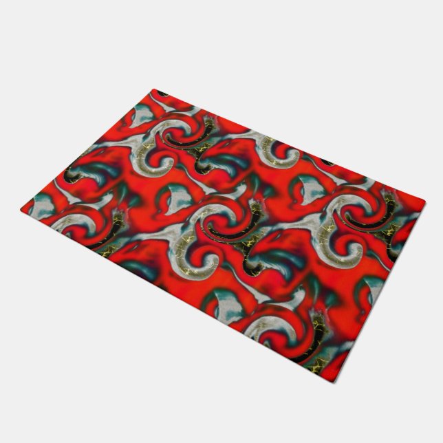 Abstract mix of red gradient stain over sandy gray doormat (Angled)