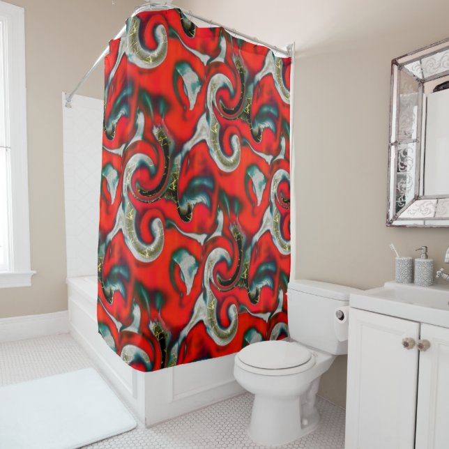 Abstract mix of red gradient stain over sandy gray shower curtain (In Situ)