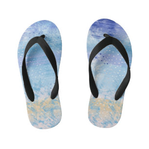 Abstract Mixed Media Blue Turquoise Yellow Kid's Flip Flops