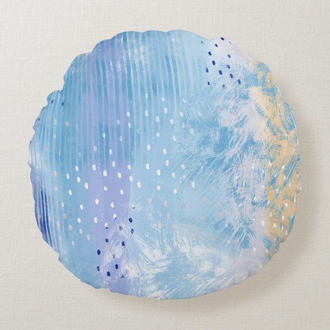 Abstract Mixed Media Blue Turquoise Yellow Round Pillow (Front)