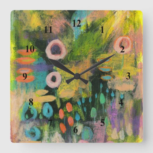 Abstract Mixed Media Floral Primitive Art Painting Square Wall Clock