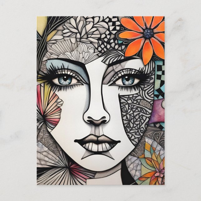 Abstract Mixed Media Womans Face Postcard (Front)