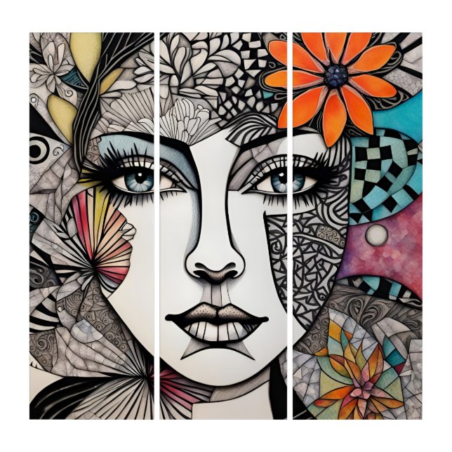 Abstract Mixed Media Womans Face Triptych (Front)