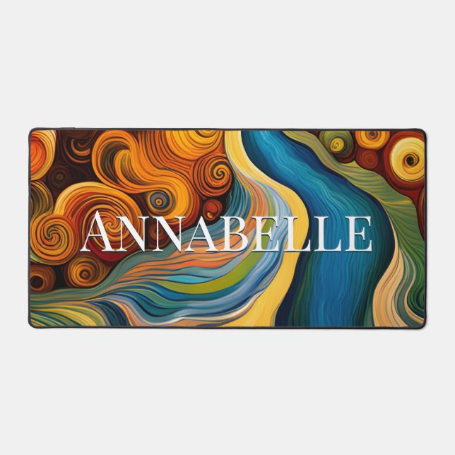Abstract Modern Art Color Swirls Monogram Desk Mat (Front)