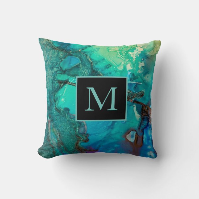 Abstract Modern Art Monogram  Shadows of Blue Throw Pillow (Front)
