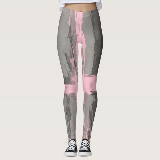 Abstract modern art style gray pink leggings (Front)