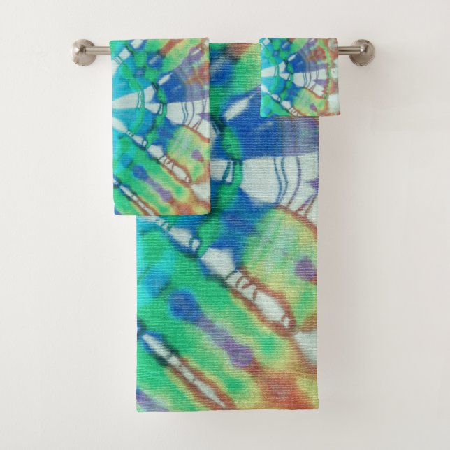 Abstract Modern Beach Teal Brown Batik Tie Dye Bath Towel Set (Insitu)