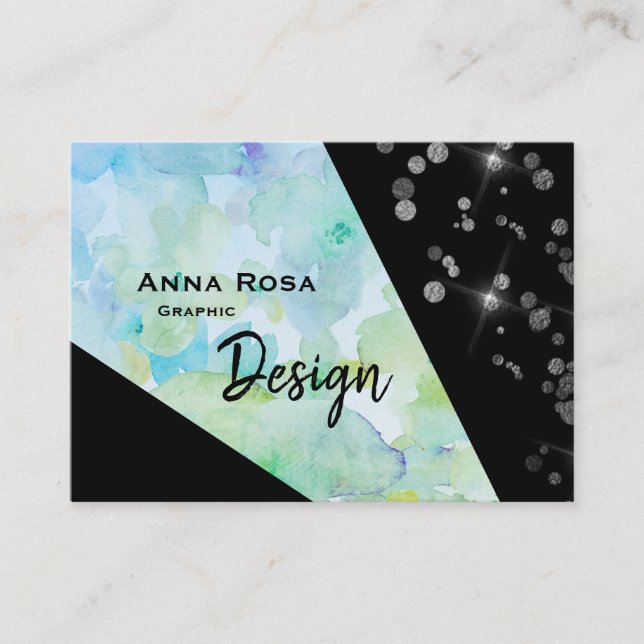 *~* Abstract Modern Black Glitter Geometric Floral Business Card (Front)