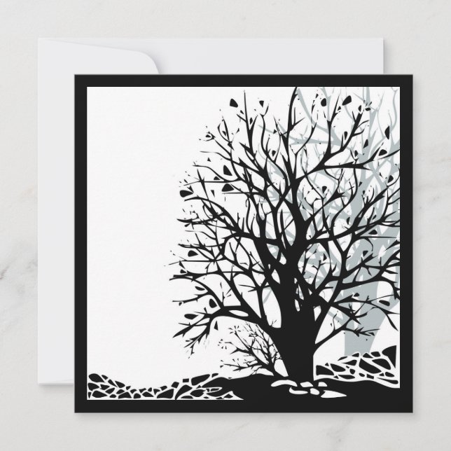 Abstract modern black tree silhouette shadow white invitation (Front)