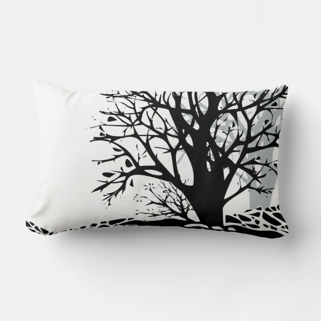 Abstract modern black tree silhouette shadow white lumbar pillow (Front)