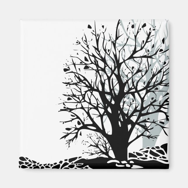 Abstract modern black tree silhouette shadow white magnet (Front)