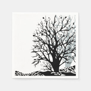 Abstract modern black tree silhouette shadow white napkins