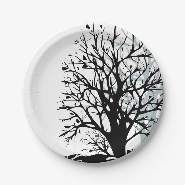 Abstract modern black tree silhouette shadow white paper plates (Front)