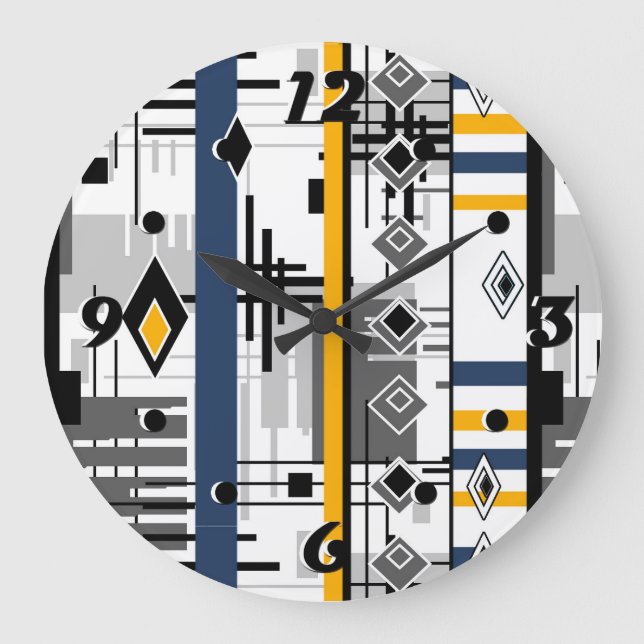 Abstract modern black white yellow ornament geo large clock (Front)