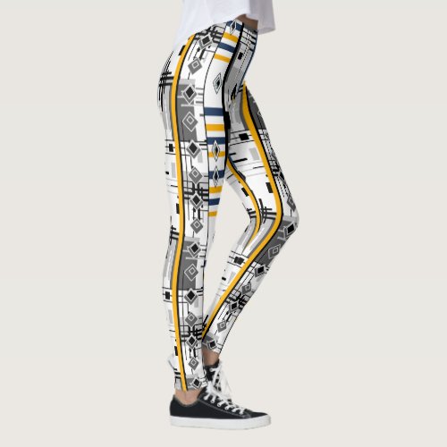 Abstract modern black white yellow ornament geo leggings