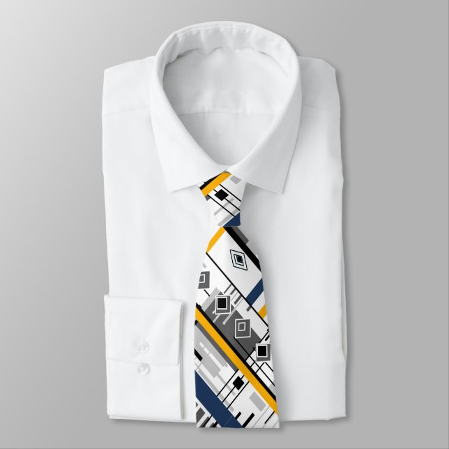 Abstract modern black white yellow ornament geo neck tie (Tied)