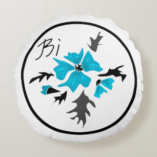 Abstract modern blue flower gray black leaves prin round pillow