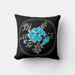 Abstract modern blue flower gray black leaves prin throw pillow