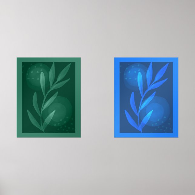 Abstract Modern Botanical Leaves Blue And Green  Wall Art Sets (Front)