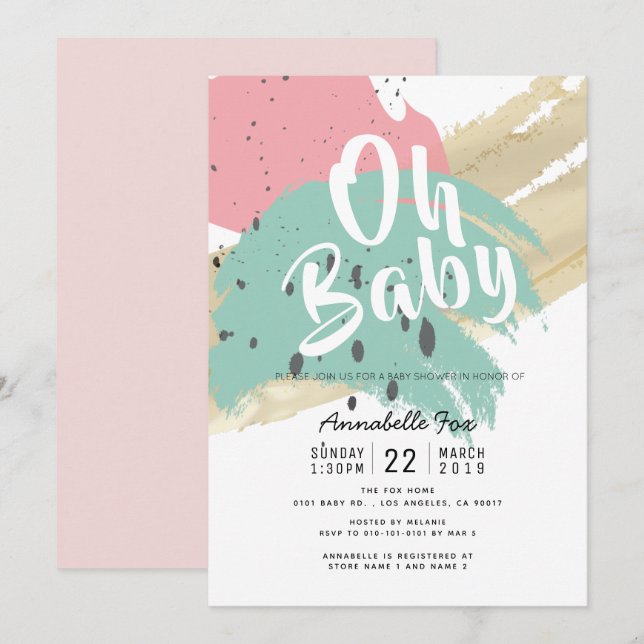 Abstract Modern Brush Strokes Pink Baby Shower Invitation (Front/Back)