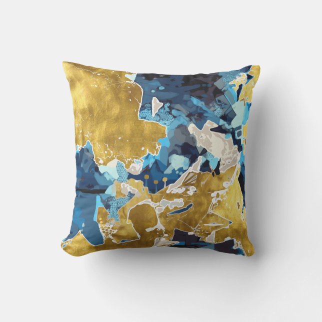 Abstract, modern, collage, gold, navy blue  outdoor pillow (Front)