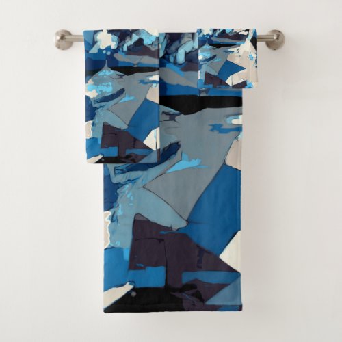 Abstract modern collage navy blue teal beige bath towel set