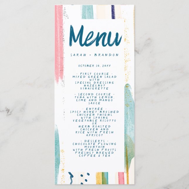 Abstract Modern Colorful Brush Wedding  Menu (Front)
