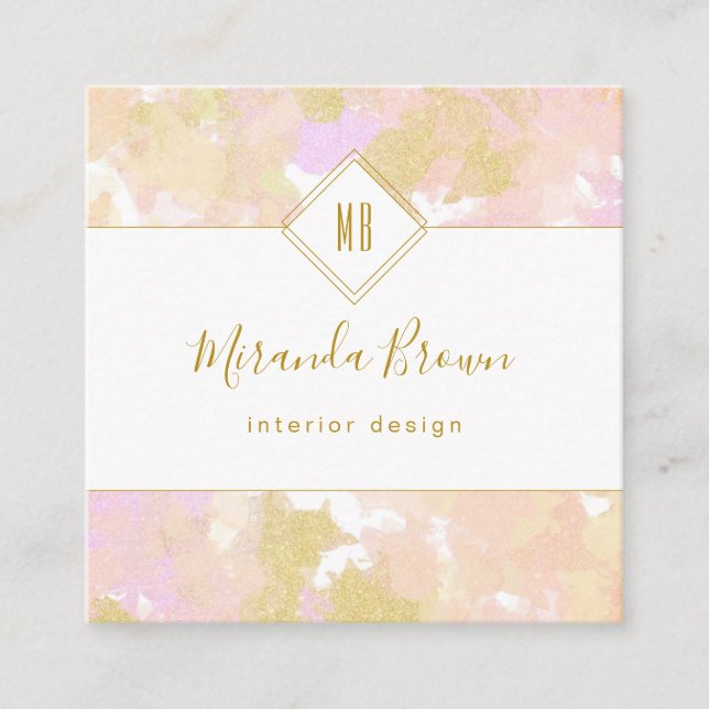 Abstract Modern Elegant Calligraphy Logo Pink Gold Square Business Card (Front)