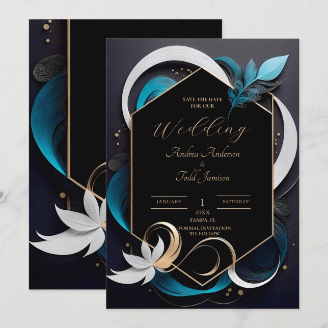 Abstract modern elegant teal, white, gold wedding save the date (Front/Back)