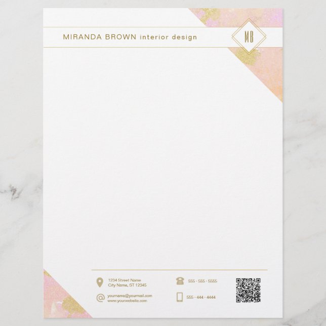 Abstract Modern Elegant Watercolor Logo Pink Gold  Letterhead (Front)