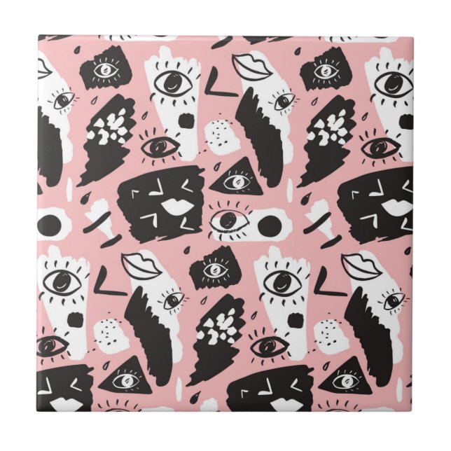 Abstract Modern Eye & Lips Pattern Ceramic Tile (Front)