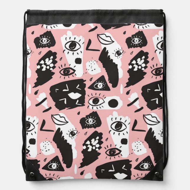 Abstract Modern Eye & Lips Pattern Drawstring Bag (Front)