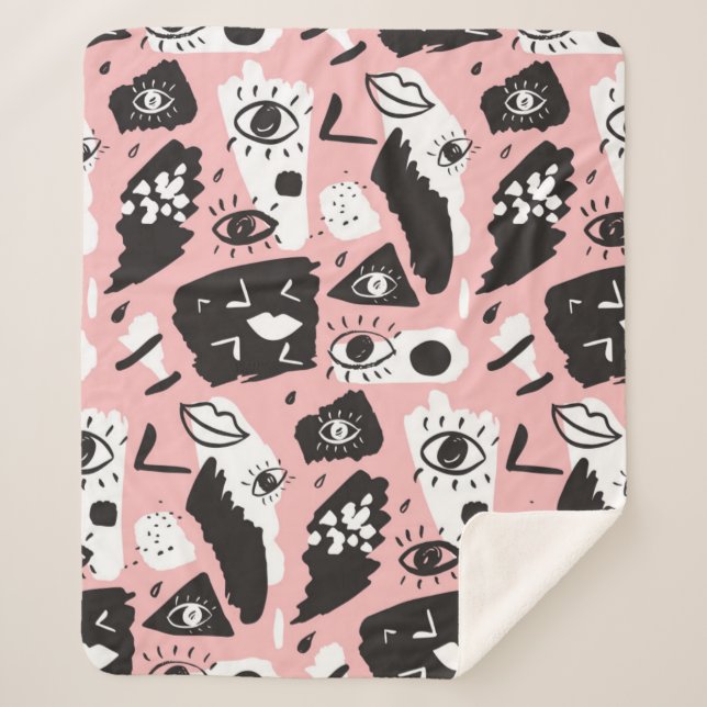 Abstract Modern Eye & Lips Pattern Sherpa Blanket (Front)