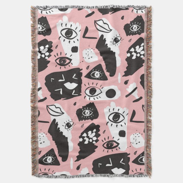 Abstract Modern Eye & Lips Pattern Throw Blanket (Front Vertical)