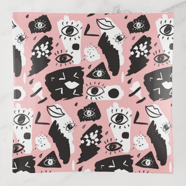 Abstract Modern Eye & Lips Pattern Trinket Tray (Front)