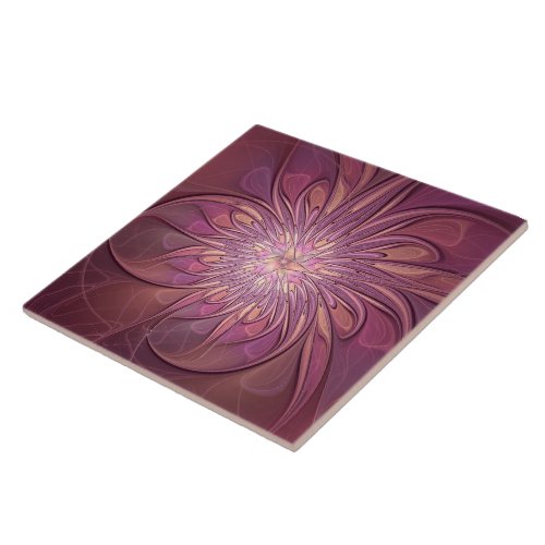 Abstract Modern Floral Fractal Art Berry Colors Ceramic Tile