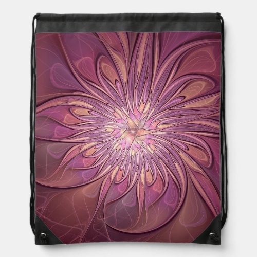 Abstract Modern Floral Fractal Art Berry Colors Drawstring Bag