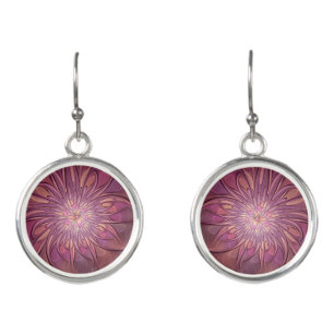 Abstract Modern Floral Fractal Art Berry Colors Earrings