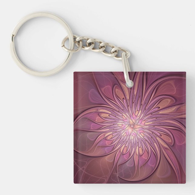 Abstract Modern Floral Fractal Art Berry Colors Keychain (Front)