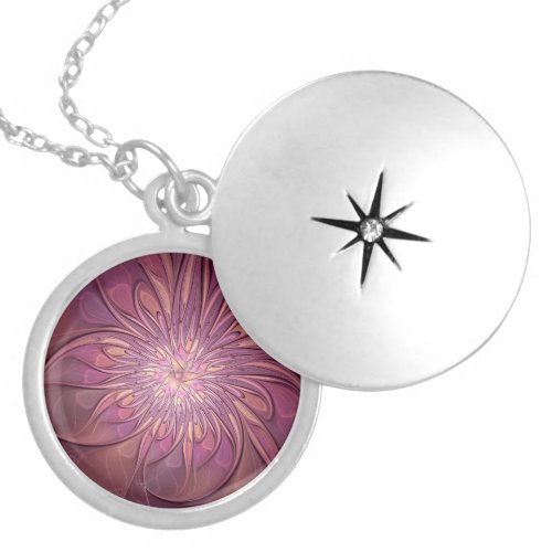 Abstract Modern Floral Fractal Art Berry Colors Locket Necklace