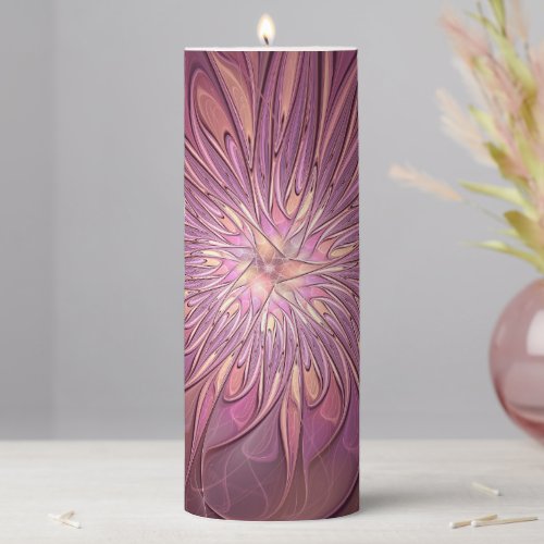 Abstract Modern Floral Fractal Art Berry Colors Pillar Candle