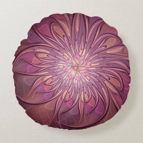 Abstract Modern Floral Fractal Art Berry Colors Round Pillow