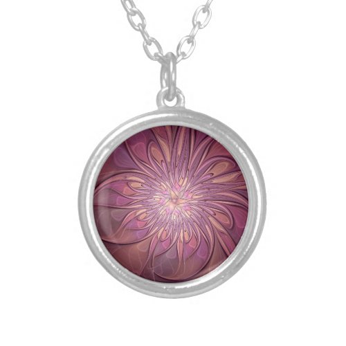 Abstract Modern Floral Fractal Art Berry Colors Silver Plated Necklace