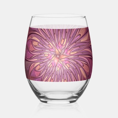Abstract Modern Floral Fractal Art Berry Colors Stemless Wine Glass