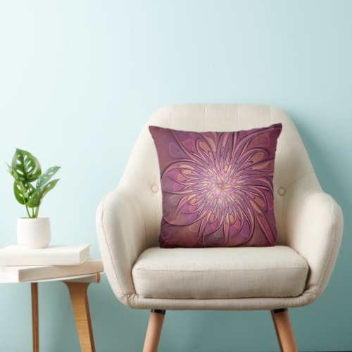 Abstract Modern Floral Fractal Art Berry Colors Throw Pillow