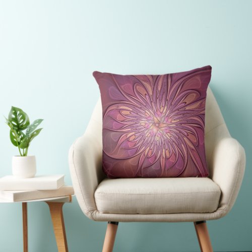 Abstract Modern Floral Fractal Art Berry Colors Throw Pillow