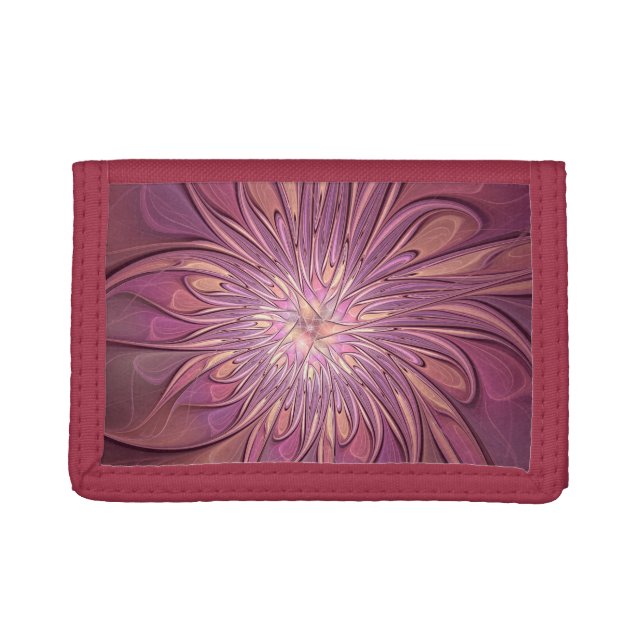 Abstract Modern Floral Fractal Art Berry Colors Tri-fold Wallet (Front)
