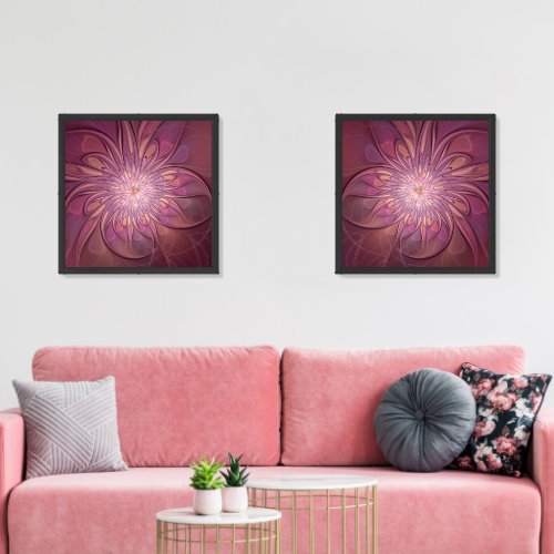 Abstract Modern Floral Fractal Art Berry Colors Wall Art Sets