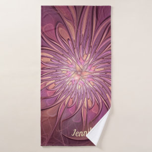 Abstract Modern Floral Fractal Berry Colors Name Bath Towel