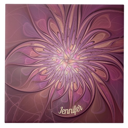 Abstract Modern Floral Fractal Berry Colors Name Ceramic Tile